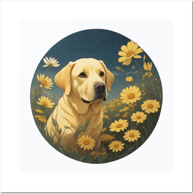 Yellow Lab Daisy Garden At Night Wall Art by Pet And Petal